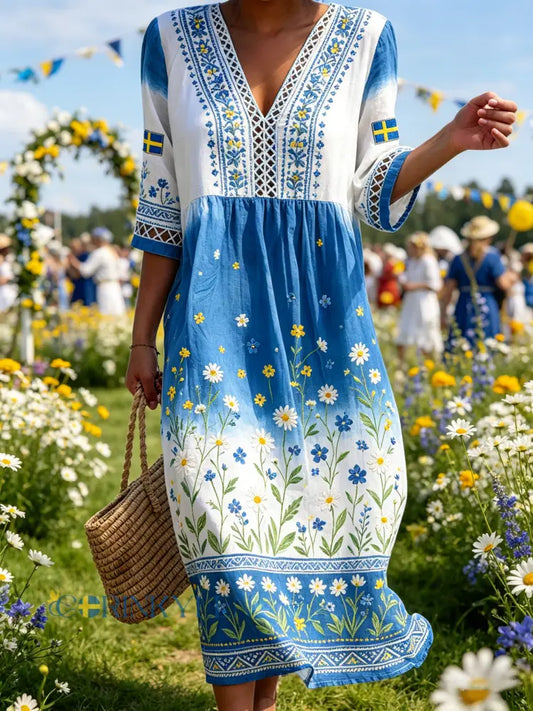 Dams midsummerklänning med blommönster och ombré-effekt samt V-ringning - A / S