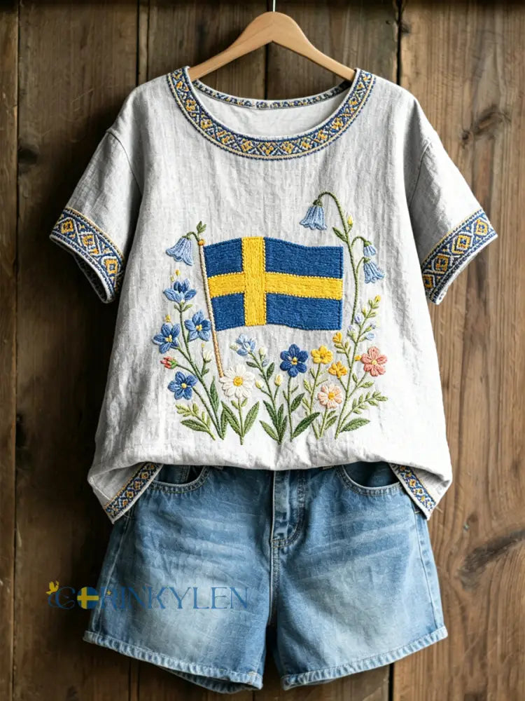 Dams ökade tröja med svensk text om växter och blommor avslappnad stil - som bild / S