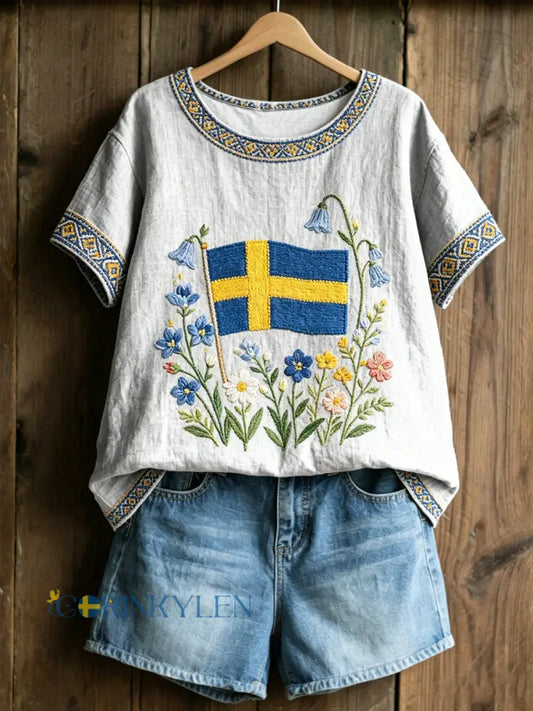 Dams ökade tröja med svensk text om växter och blommor avslappnad stil - som bild / S