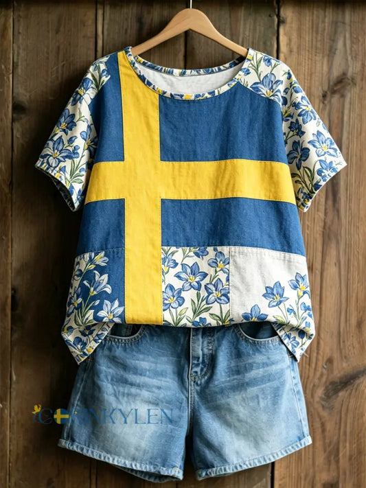 Dams ökade tröja med svensk text om växter och blommor avslappnad stil - som bild / S