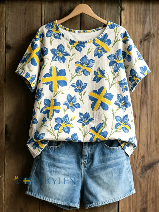 Dams ökade tröja med svensk text om växter och blommor avslappnad stil - som bild / S