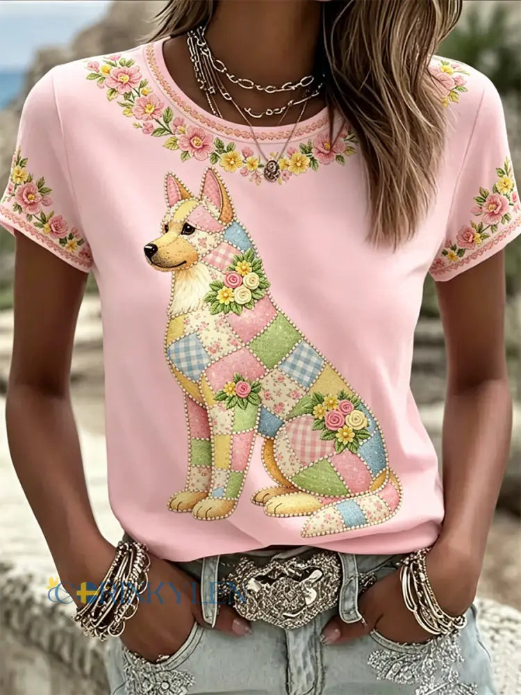 Dams örtblommig hundtryckt casual t-shirt - runt / S