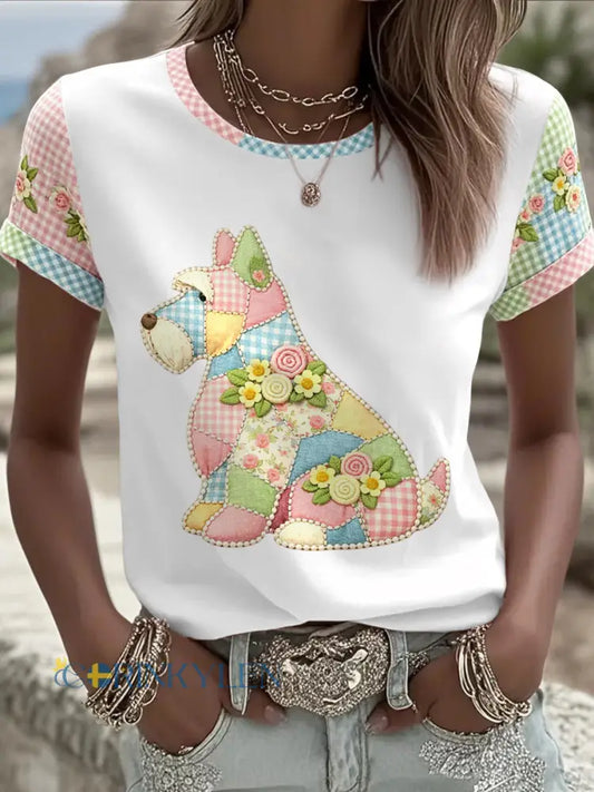 Dams örtblommig hundtryckt casual t-shirt - vitt / S