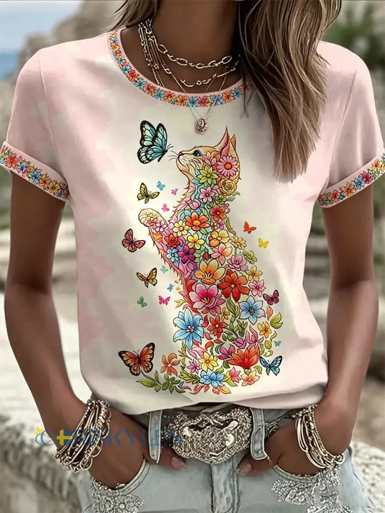 Dams örtblommig kattmönstrad casual t-shirt - ljusrosa / S