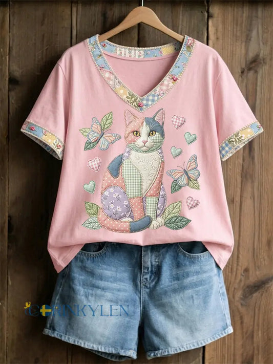 Dams örtblommig kattmönstrad casual t-shirt med V-ringning - runt / S