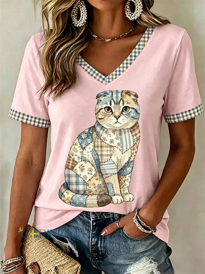 Dams örtblommig kattmönstrad casual t-shirt med V-ringning - runt / S