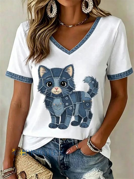 Dams örtblommig kattmönstrad casual t-shirt med V-ringning - vitt / S