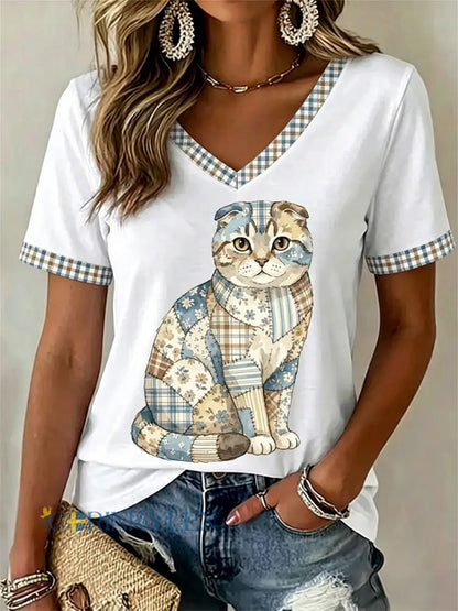 Dams örtblommig kattmönstrad casual t-shirt med V-ringning - vitt / S
