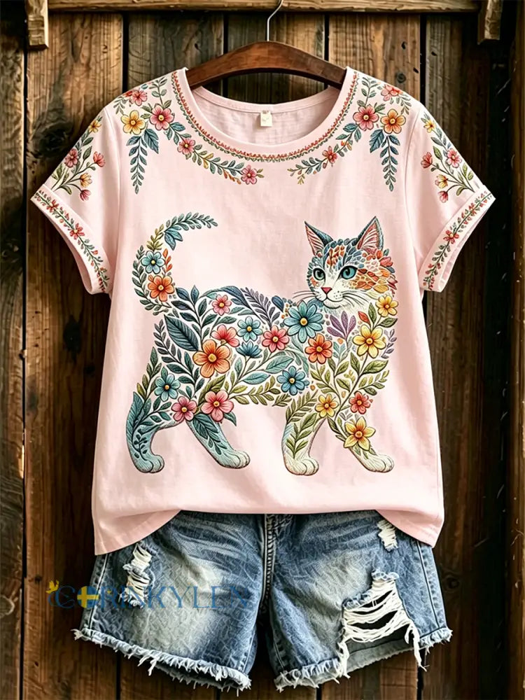 Dams örtblommig kattmönstrad casual t-shirt - runt / S