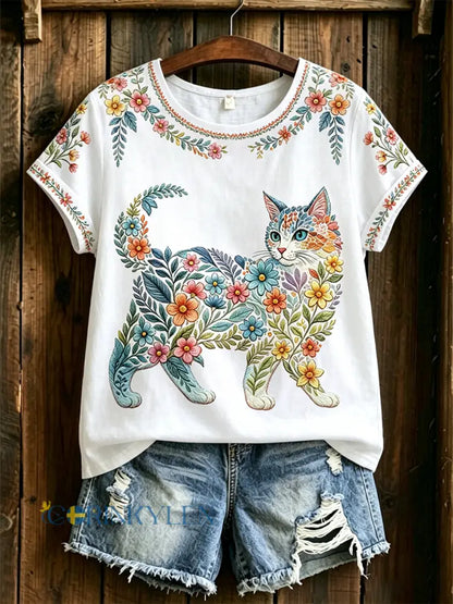 Dams örtblommig kattmönstrad casual t-shirt - vitt / S