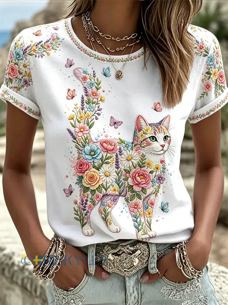 Dams örtblommig kattmönstrad casual t-shirt - vitt / S