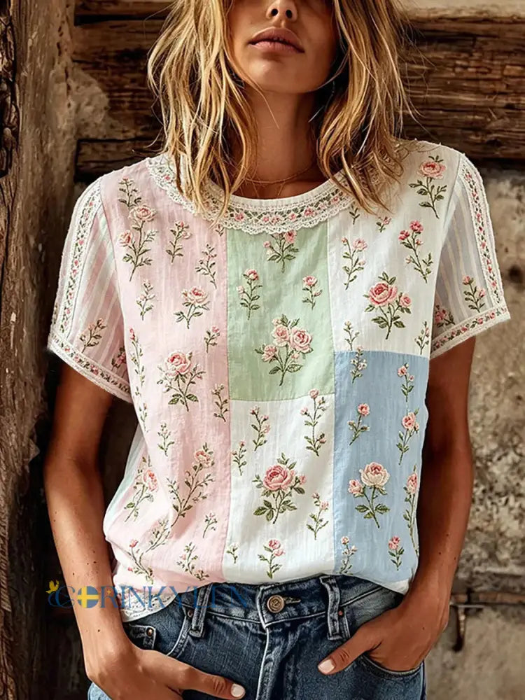 Dams örtblommig tryckt casual t-shirt - som bild / S