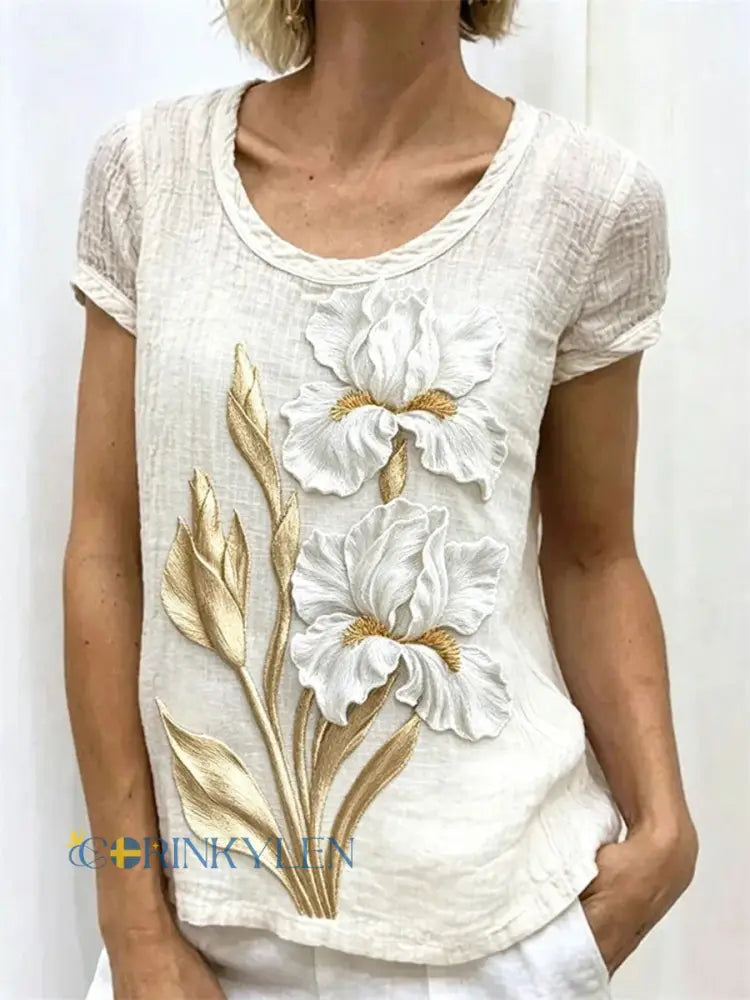 Dams örtblomsterkonsttryck avslappnad t-shirt - som bild / S