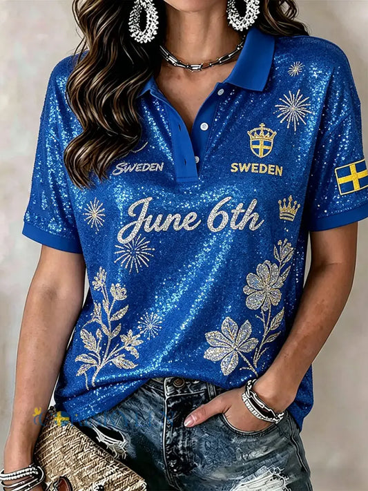 Dams polotröja med korta ärmar och paljetterad blommönster - A / S