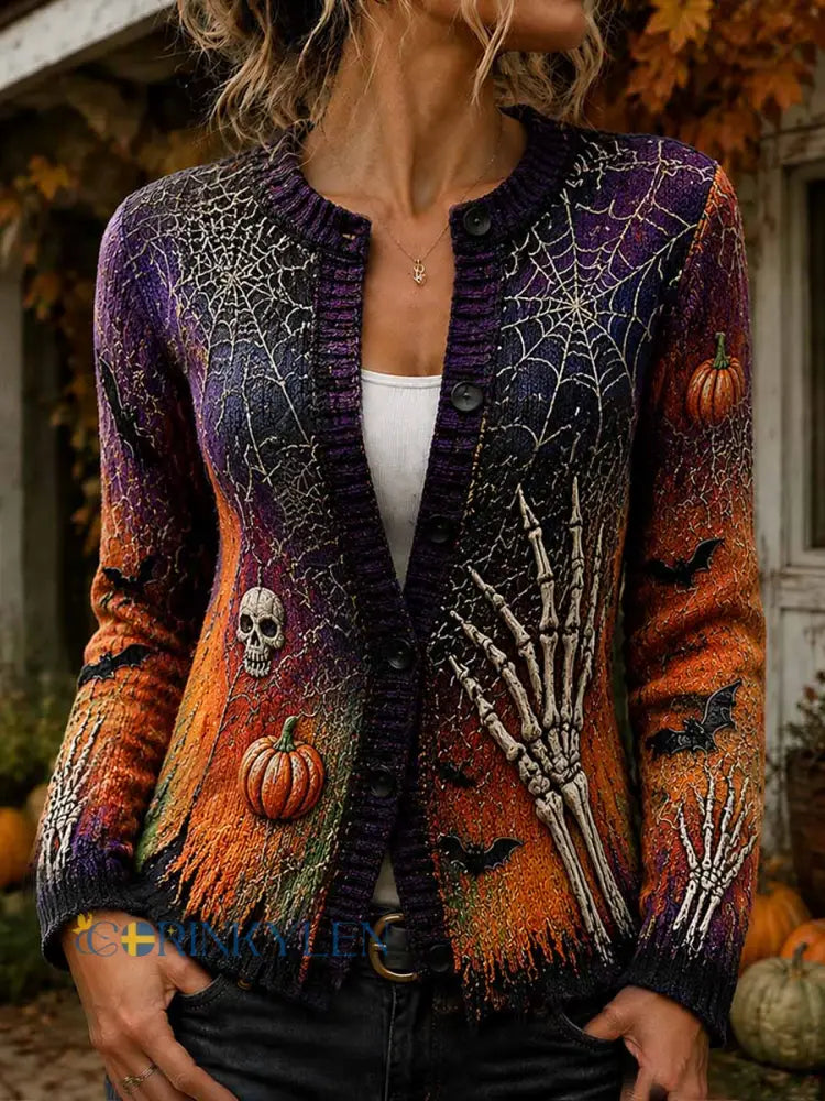 Dams retro halloweenmönstrad stickad kavaj i cardiganstil - som bild / S