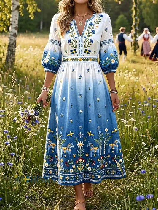 Dams Retro Midsommar Blommig Karusell Färgförändrande Konst V-Ärm Klänning - flerlog / S