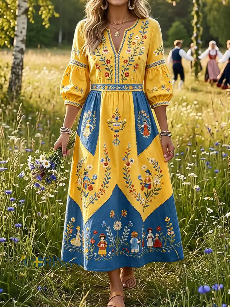 Dams Retro Midsommar Blommig Patchwork Konst V-Neck Klänning - flerlog / S