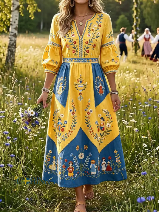 Dams Retro Midsommar Blommig Patchwork Konst V-Neck Klänning - flerlog / S
