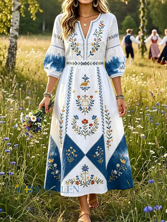 Dams Retro Midsommar Blommig Strykningsfärg Patchwork Konst V-Ärm Klänning - flerlog / S