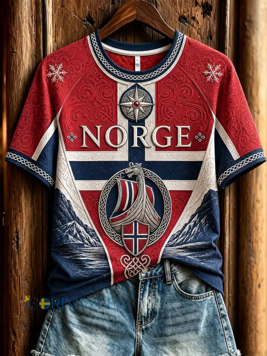 Dams Retro Norsk Viking Klassisk Avslappad T-shirt - som bild / S