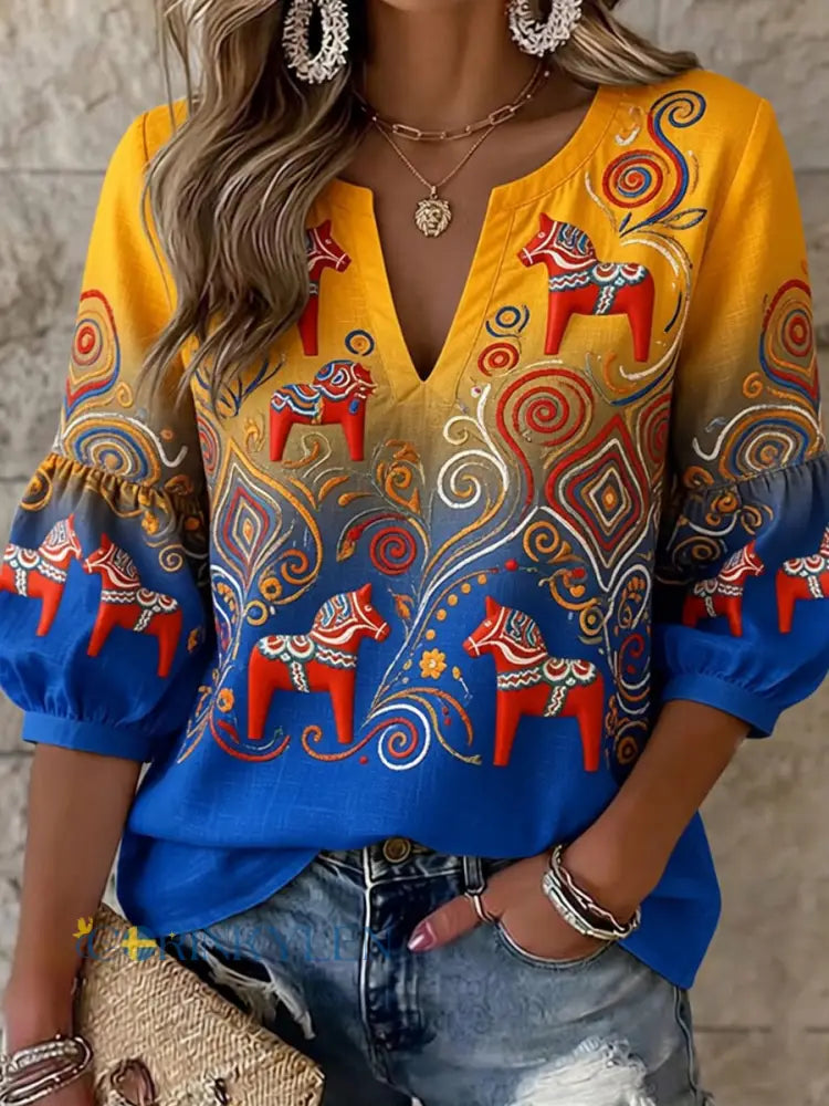 Dams Retro Svensk Dalahäst Blommig Broderi Konsttryck Avslappnad Topplåda - A / S