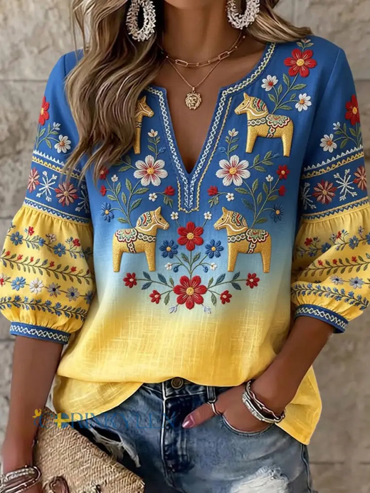 Dams Retro Svensk Dalahäst Blommig Broderi Konsttryck Avslappnad Topplåda - A / S