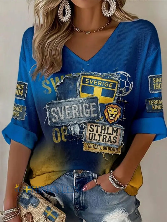 Dams Retro Svensk Fotboll 2026 Tygtyger Konst Våffelstickad Topp - blå / S