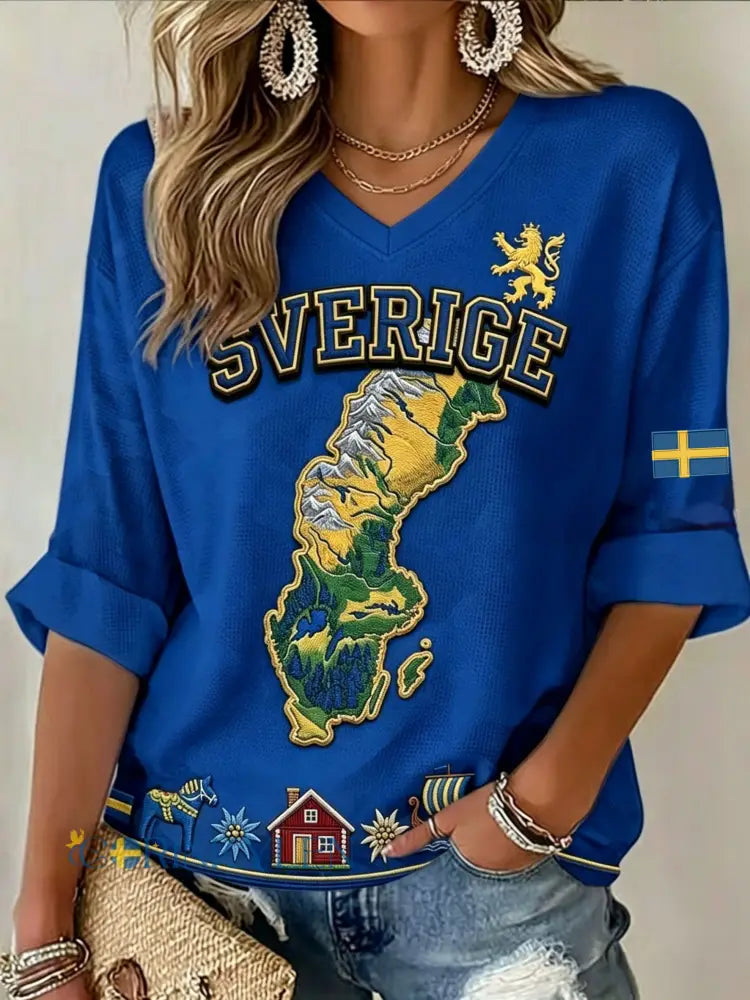 Dams Retro Svensk Fotboll 2026 Tygtyger Konst Våffelstickad Topp - blå / S