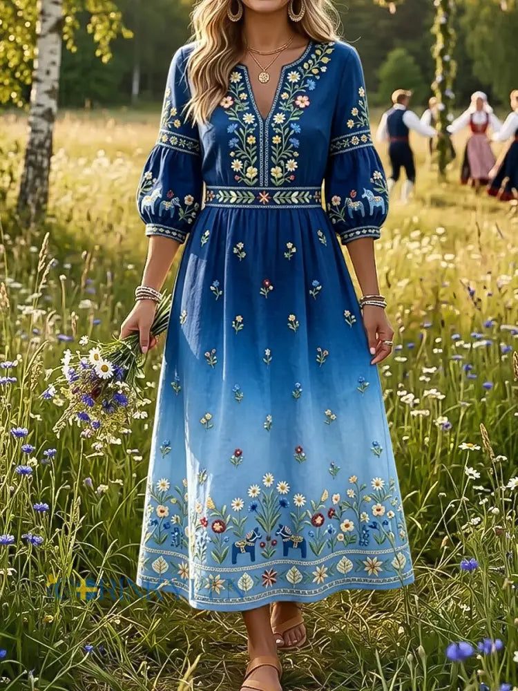 Dams Retro Svensk Midsommar Blommig Färgförändrande Konst V-Ärm Klänning - flerlog / S