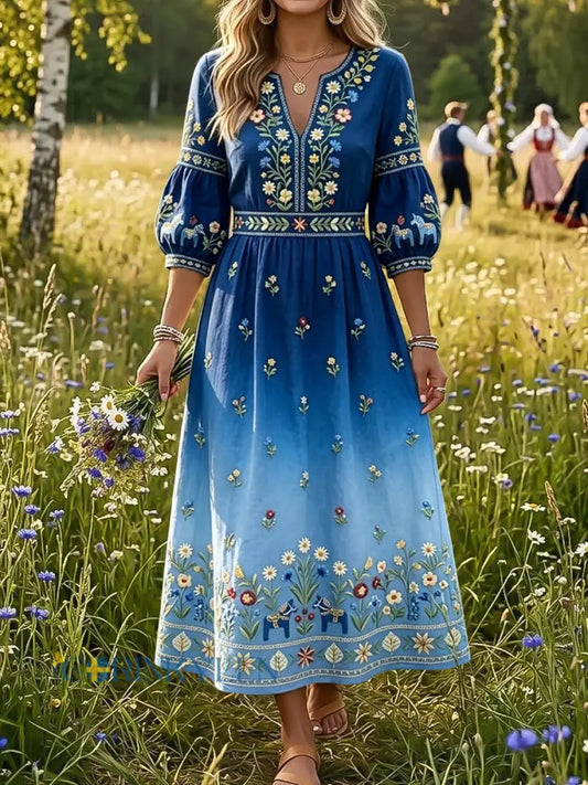 Dams Retro Svensk Midsommar Blommig Färgförändrande Konst V-Ärm Klänning - flerlog / S