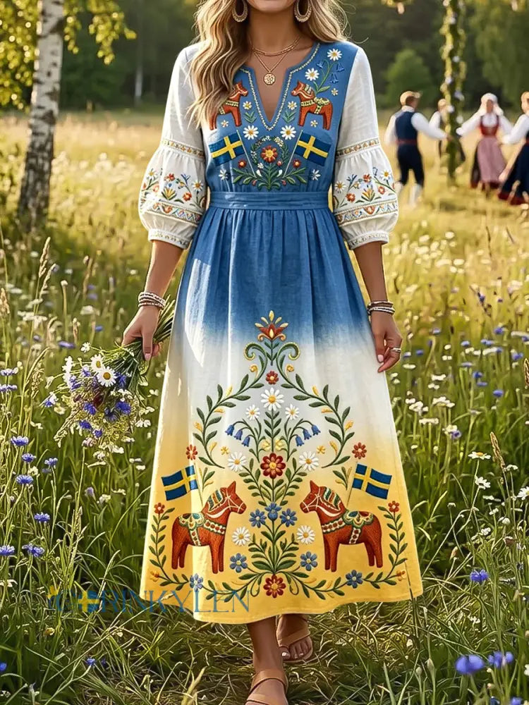Dams Retro Svensk Midsommar Blommig Karusell Färgförändrande Klänning - flerlog / S