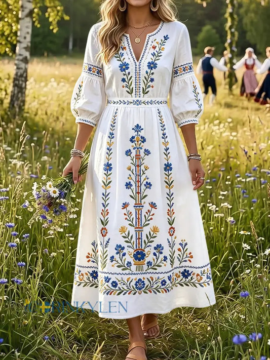 Dams Retro Svensk Midsommar Blommigt Konst V-Neck Klänning - flerlog / S