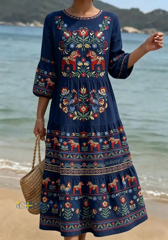 Dams Retro Svensk Midsommar Folk Floral Halvlång Ärm Bomull-Linne Klänning - blå sjöfart / S