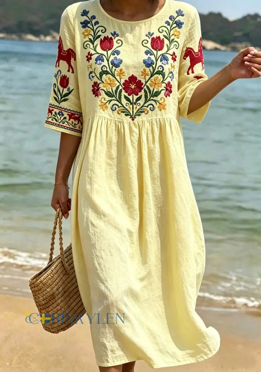 Dams Retro Svensk Midsommar Folk Floral Halvlång Ärm Bomull-Linne Klänning - gul / S