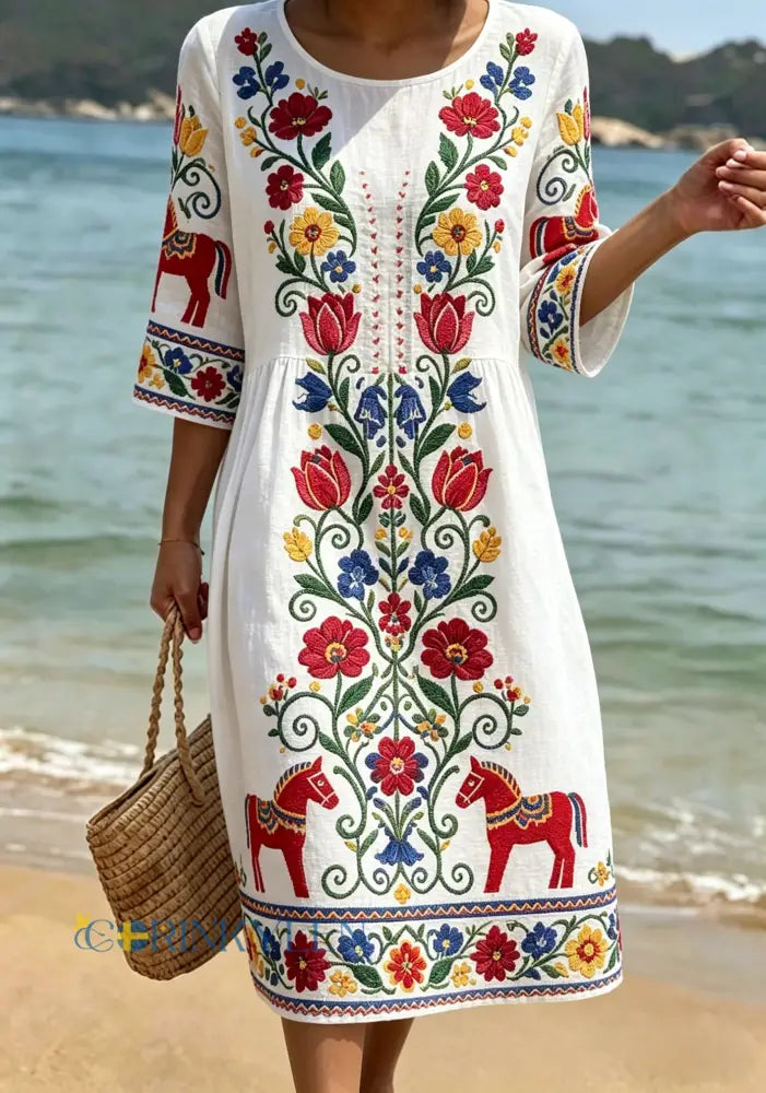 Dams Retro Svensk Midsommar Folk Floral Halvlång Ärm Bomull-Linne Klänning - vitt / S