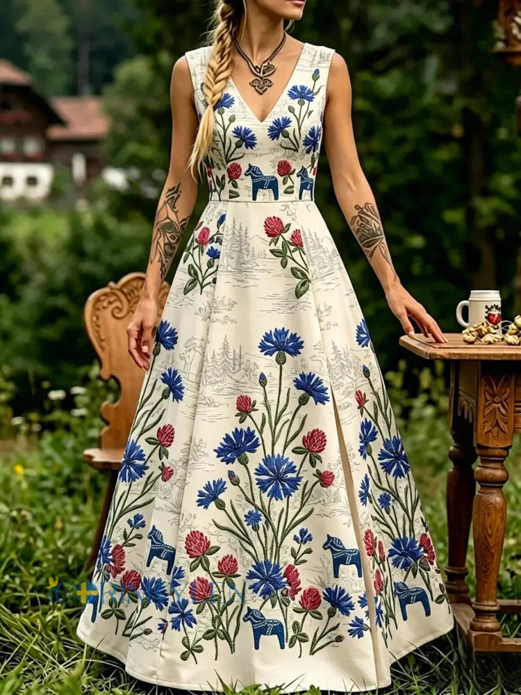 Dams Retro Svensk Midsommar Folkal Blommigt Klänning - Aprikot / S
