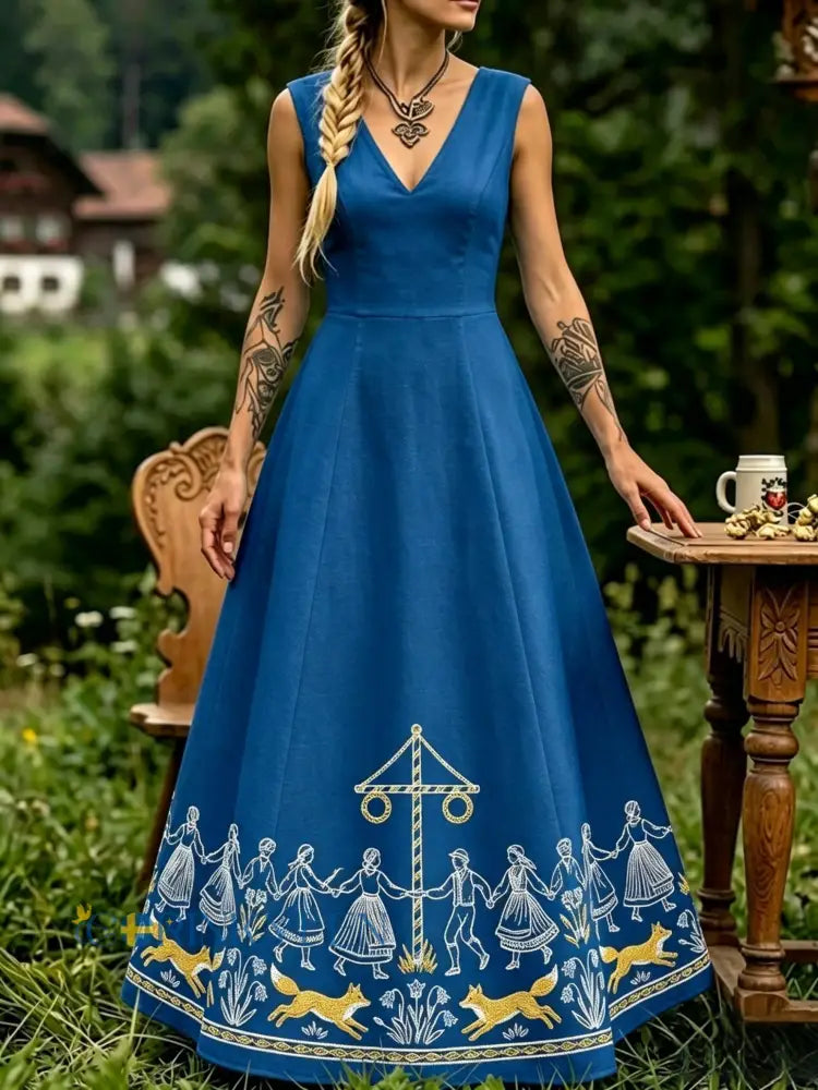 Dams Retro Svensk Midsommar Folkal Blommigt Klänning - blå / S