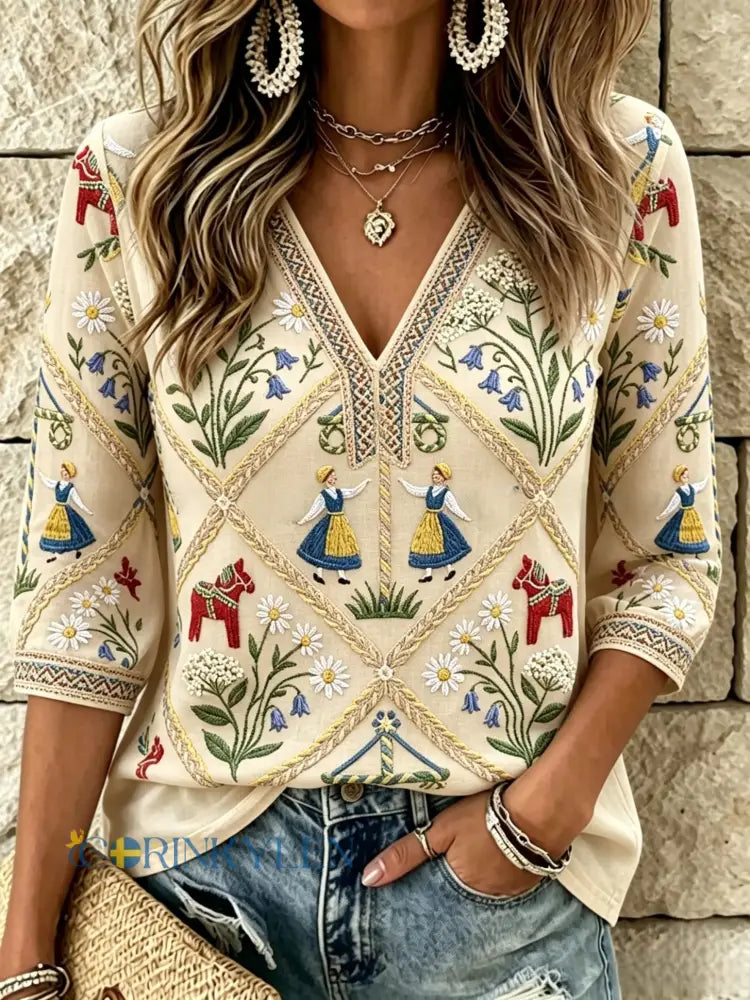 Dams Retro Svensk Midsommar Folkal Blus i Bomull-Linne - Aprikot / S