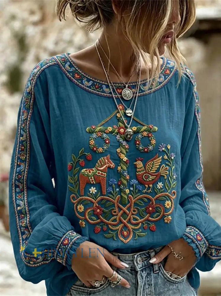Dams Retro Svensk Midsommar Folkal Blus i Bomull-Linne - blå / S