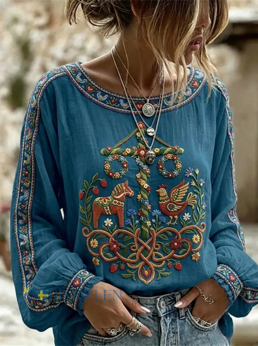 Dams Retro Svensk Midsommar Folkal Blus i Bomull-Linne - blå / S