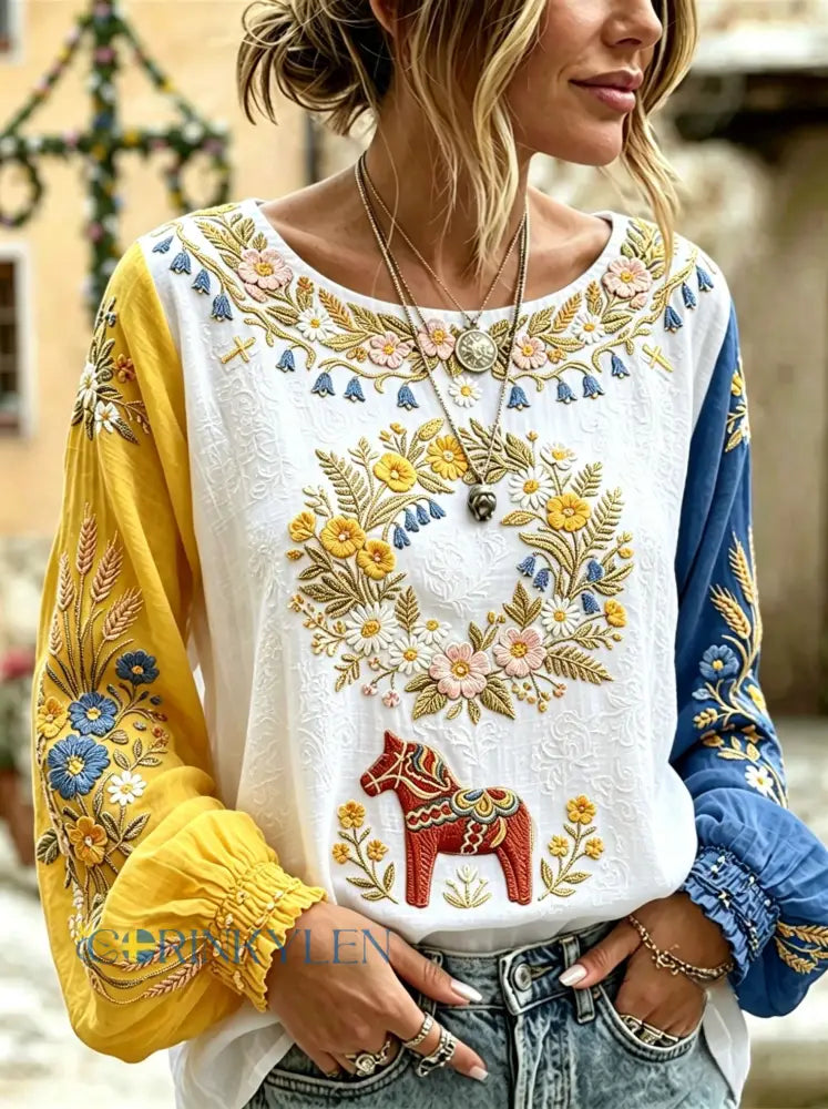 Dams Retro Svensk Midsommar Folkal Blus i Bomull-Linne - vitt / S