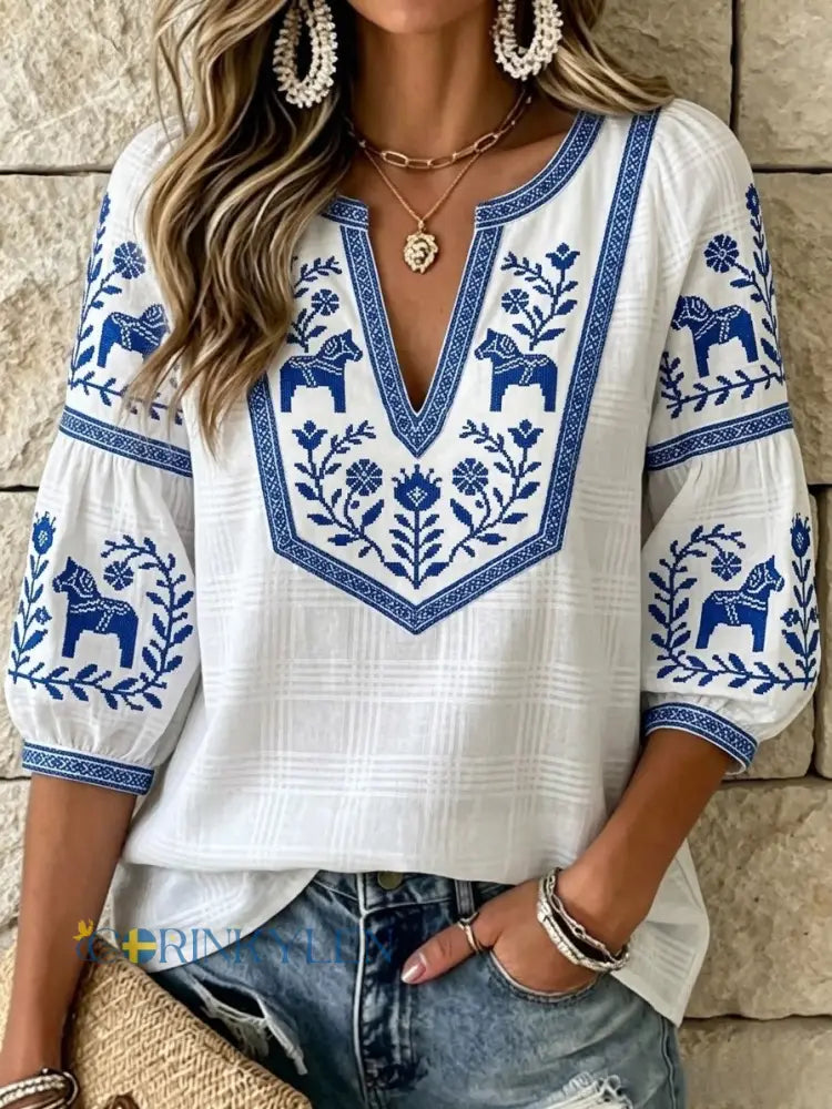 Dams Retro Svensk Midsommar Folkal Blus i Bomull-Linne - vitt / S