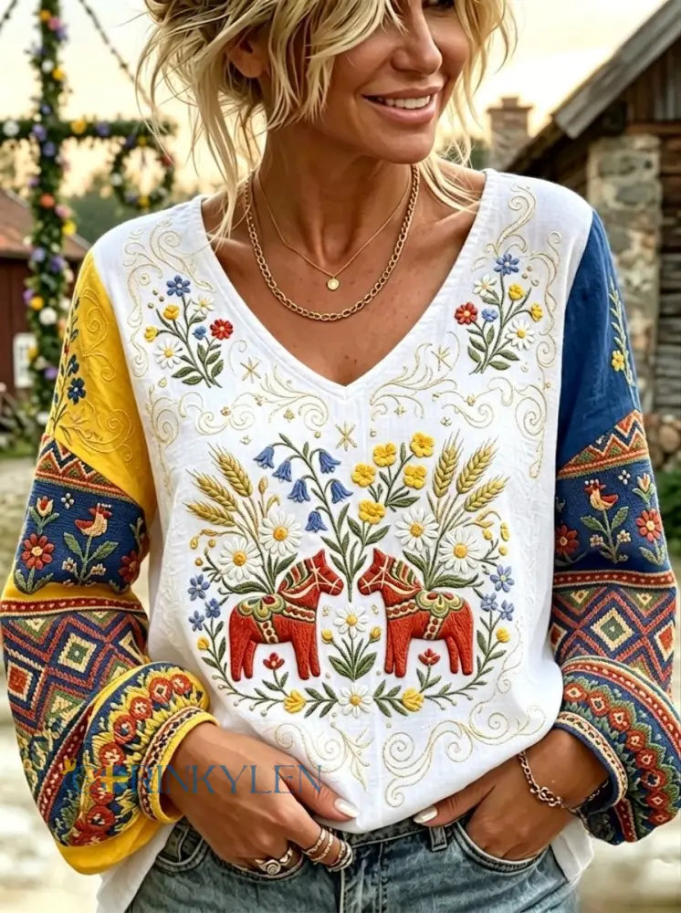 Dams Retro Svensk Midsommar Folkal Blus i Bomull-Linne - vitt / S
