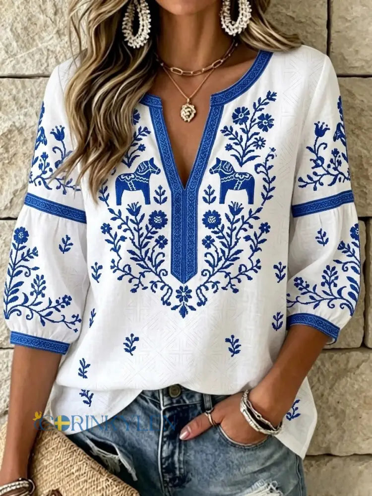 Dams Retro Svensk Midsommar Folkal Blus i Bomull-Linne - vitt / S