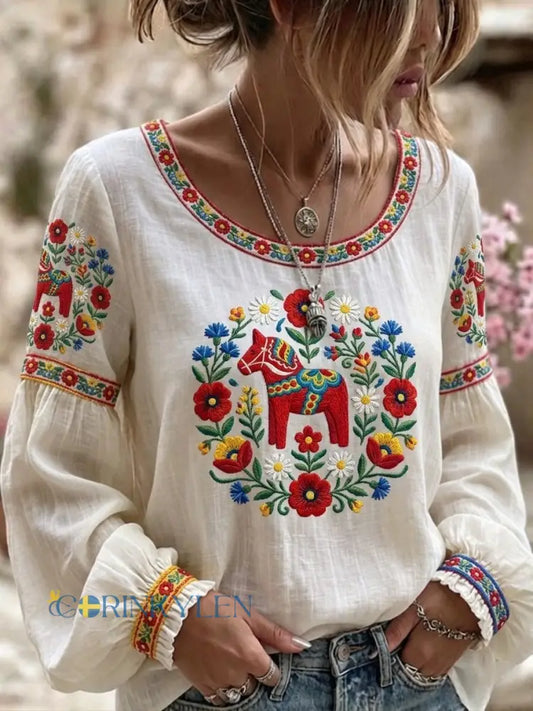 Dams Retro Svensk Midsommar Folkal Blus i Bomull-Linne - vitt / S