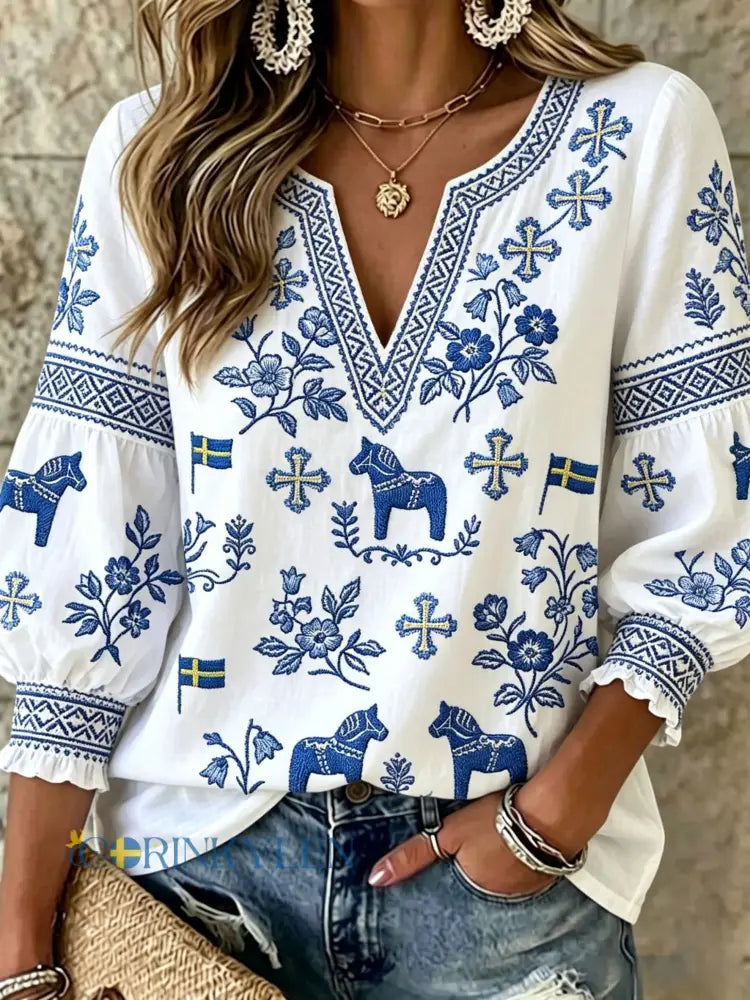 Dams Retro Svensk Midsommar Folkal Blus i Bomull-Linne - vitt / S