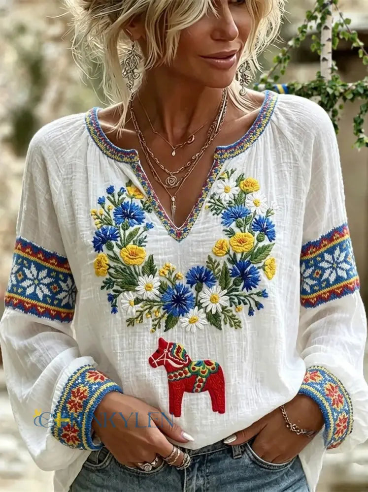 Dams Retro Svensk Midsommar Folkal Blus i Bomull-Linne - vitt / S