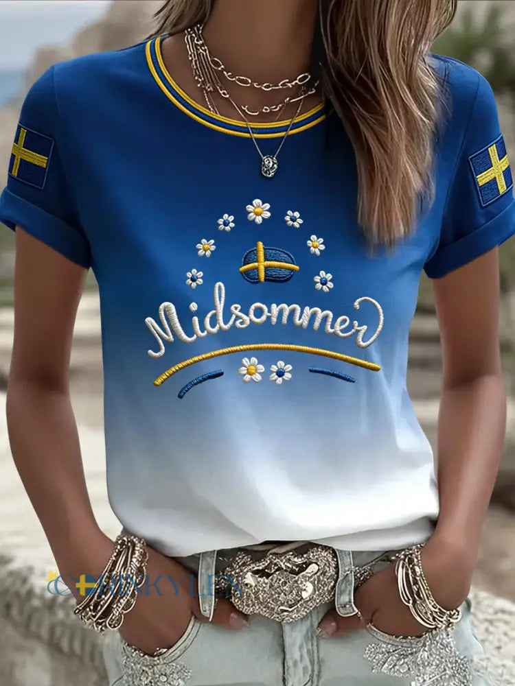 Dams retro svensk midsommarblommig casual t-shirt - blå / S
