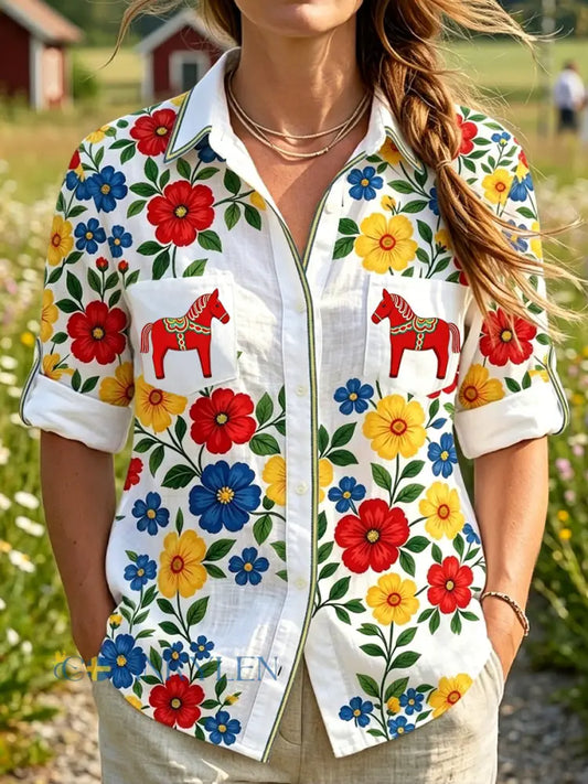 Dams retro svensk midsommarblommig karusellavtryck fritidsskjorta - flerlog / S