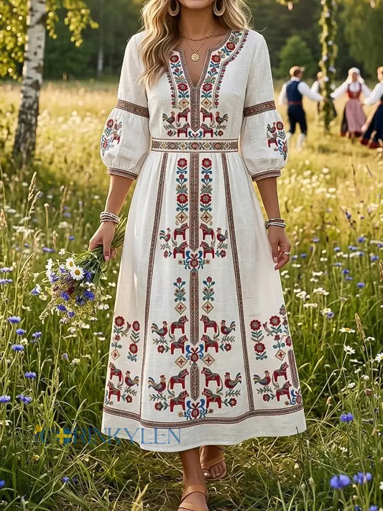 Dams retro svensk midsommarblommig klänning med v-ringning - flerlog / S